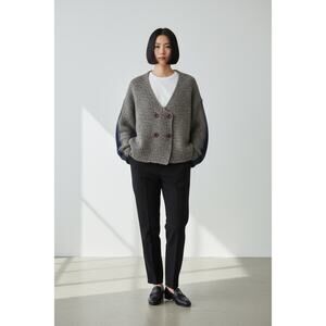 Women’s Preppy Minimalist Double Breasted Wool Color block Cardigan L